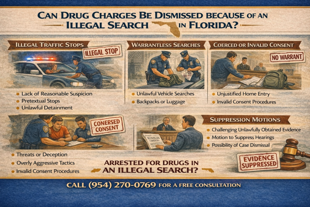 Vintage-style infographic titled “Can Drug Charges Be Dismissed Because of an Illegal Search in Florida?” illustrating common Fourth Amendment issues in drug cases, including illegal traffic stops, warrantless searches of vehicles or backpacks, and coerced or invalid consent. The graphic also explains suppression motions and how unlawfully obtained evidence may lead to dismissal of drug charges.