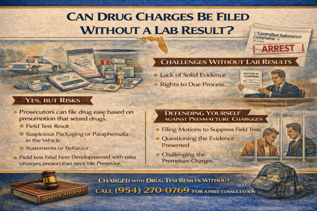 Infographic titled “Can Drug Charges Be Filed Without a Lab Result?” explaining how prosecutors may file drug charges before forensic testing is completed. The graphic highlights issues such as presumptive field tests, probable cause based on officer observations, the role of laboratory confirmation, and how delayed or missing lab results can affect the strength of a drug case.