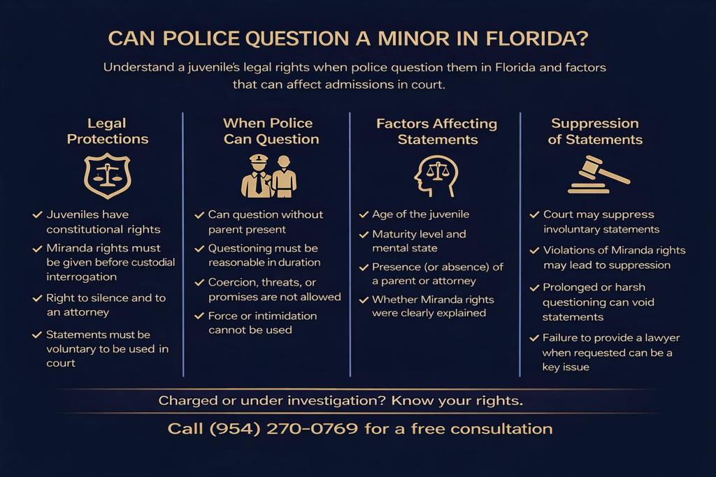 Infographic titled “Can Police Question a Minor in Florida?” explaining juvenile rights during police questioning, including Miranda protections, when law enforcement can question a minor, factors affecting whether statements are voluntary, and when statements may be suppressed in court.