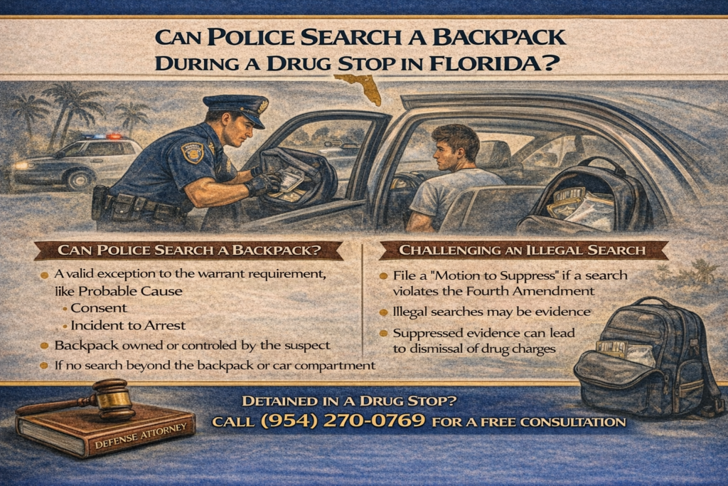 Infographic titled “Can Police Search a Backpack During a Drug Stop in Florida?” illustrating a traffic stop where officers search a backpack in a vehicle. The graphic explains when police may search a backpack under exceptions to the warrant requirement, such as probable cause, consent, or search incident to arrest, and how illegal searches may be challenged through a motion to suppress evidence.
