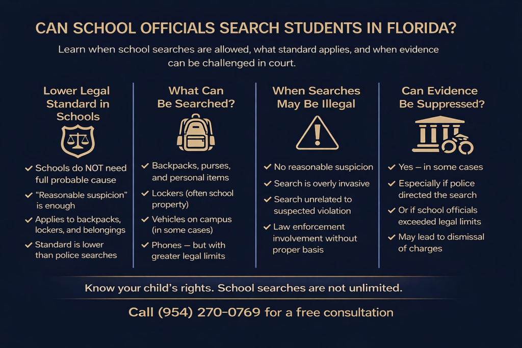Infographic titled “Can School Officials Search Students in Florida?” explaining student rights during school searches, including the reasonable suspicion standard, what items can be searched (backpacks, lockers, vehicles, phones), when searches may be illegal, and when evidence can be suppressed in court.