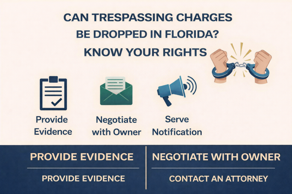 Infographic titled “Can Trespassing Charges Be Dropped in Florida? – Know Your Rights” featuring broken handcuffs and icons showing steps such as provide evidence, negotiate with the owner, serve notification, and contact an attorney.