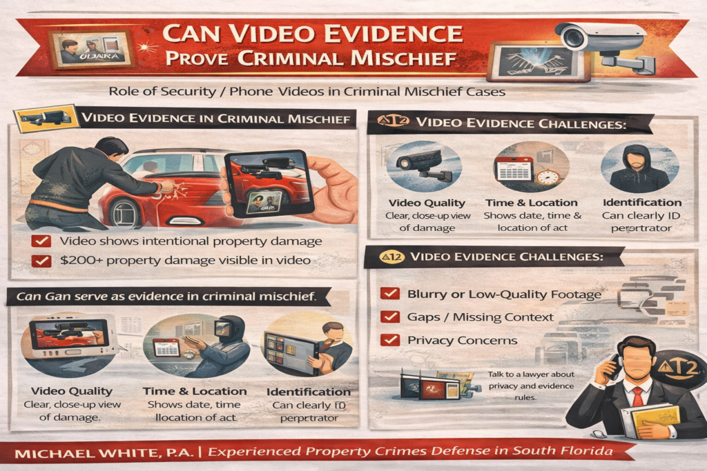 Infographic explaining how video evidence can be used to prove criminal mischief in Florida, showing that surveillance or phone footage may demonstrate intentional property damage, while also highlighting factors like video quality, identification, and timing, along with common challenges such as unclear footage or missing context.