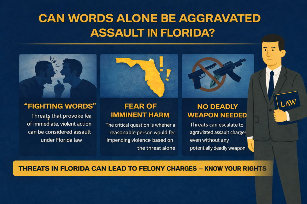 Infographic about verbal threats and aggravated assault in Florida, explaining fighting words, fear of imminent violence, and charges without a weapon