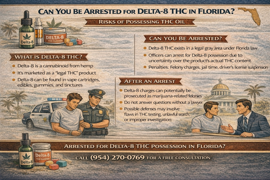 Infographic explaining whether Delta-8 THC can lead to arrest in Florida and the legal risks associated with Delta-8 products.