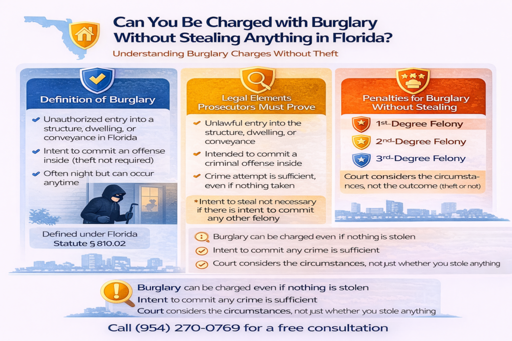 Infographic explaining that burglary in Florida can be charged even if nothing is stolen, outlining the legal definition, required intent to commit a crime, and how felony burglary charges are determined based on circumstances rather than whether property was taken.