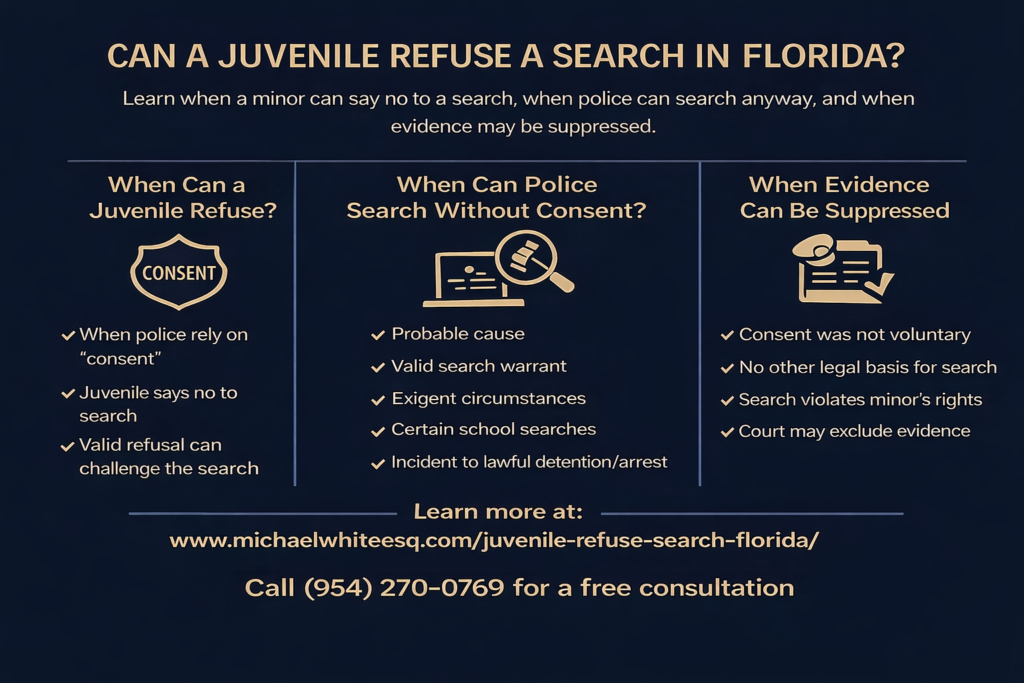 Infographic titled “Can a Juvenile Refuse a Search in Florida?” explaining when a minor can refuse a search based on consent, when police can search without consent (such as with probable cause or a warrant), and when evidence may be suppressed if the search violates a juvenile’s rights.