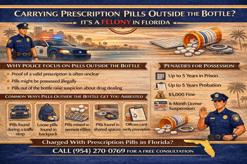Horizontal infographic explaining Florida law on carrying prescription pills outside the bottle, showing how loose pills discovered during traffic stops or searches can lead to felony drug possession charges, potential penalties, and common legal defenses.