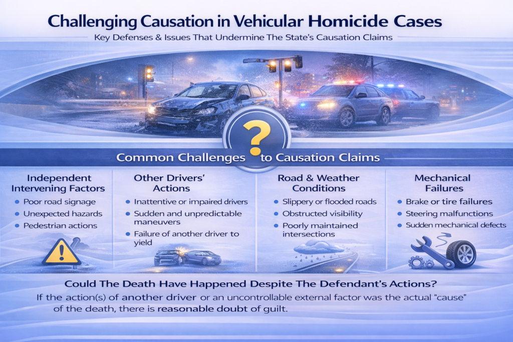 Infographic titled “Challenging Causation in Vehicular Homicide Cases” explaining how defense attorneys challenge the prosecution’s claim that a driver caused a fatal crash. Sections highlight common issues including intervening factors such as poor signage or pedestrians, actions of other drivers, hazardous road or weather conditions, and mechanical failures like brake or steering problems that may break the chain of causation.
