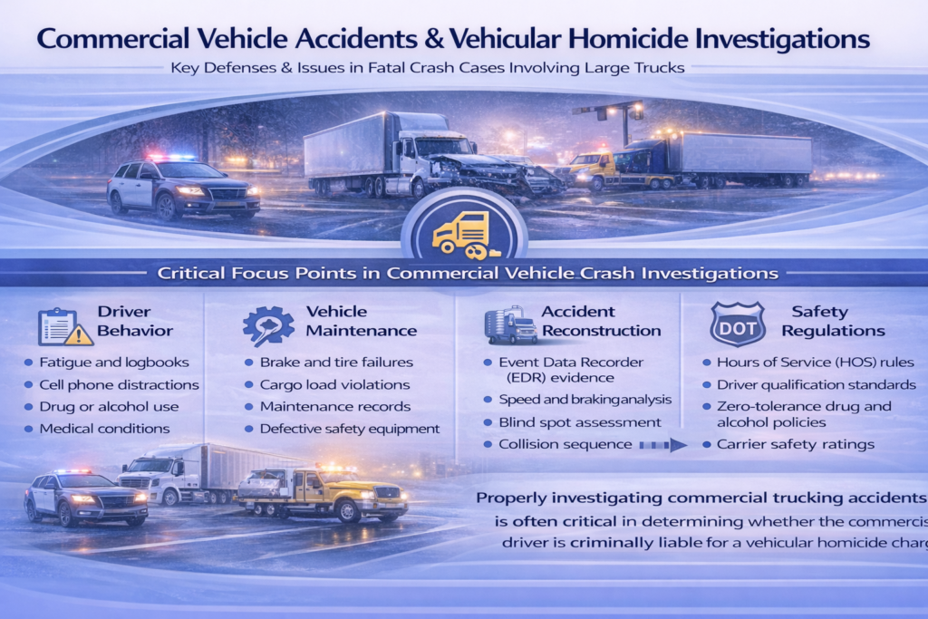 Infographic titled “Commercial Vehicle Accidents and Vehicular Homicide Investigations” showing how fatal truck crashes are analyzed. Sections outline key investigative areas including truck driver behavior such as fatigue or distraction, vehicle maintenance issues like brake or tire failures, accident reconstruction using event data recorder evidence and speed analysis, and safety regulations such as hours-of-service rules and driver qualification standards. The graphic depicts a nighttime truck crash scene with police vehicles responding.