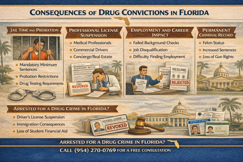 Infographic explaining the legal and professional consequences of drug convictions in Florida, including jail, license suspension, employment impacts, and permanent criminal records.