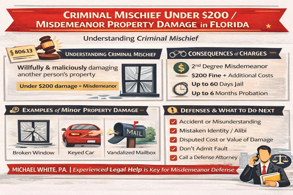 Infographic explaining criminal mischief under $200 in Florida, showing that minor property damage is a second-degree misdemeanor punishable by fines, up to 60 days in jail, and probation, with examples like broken windows, keyed cars, and vandalized mailboxes, along with common defenses such as accident, mistaken identity, and disputing damage value.
