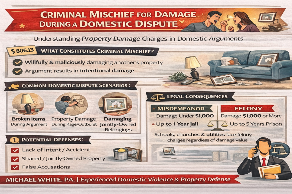 Infographic explaining criminal mischief charges for property damage during a domestic dispute in Florida, showing that intentional damage can lead to misdemeanor or felony charges depending on value, along with common scenarios, legal consequences, and potential defenses such as lack of intent or shared property disputes.