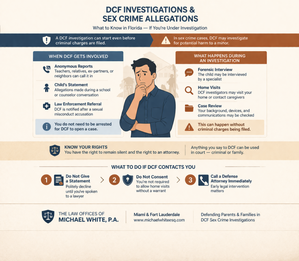 Infographic titled “DCF Investigations & Sex Crime Allegations” explaining how Florida DCF investigations begin, what happens during an investigation (including interviews and home visits), your legal rights, and steps to take if contacted, such as not giving statements and contacting a defense attorney.