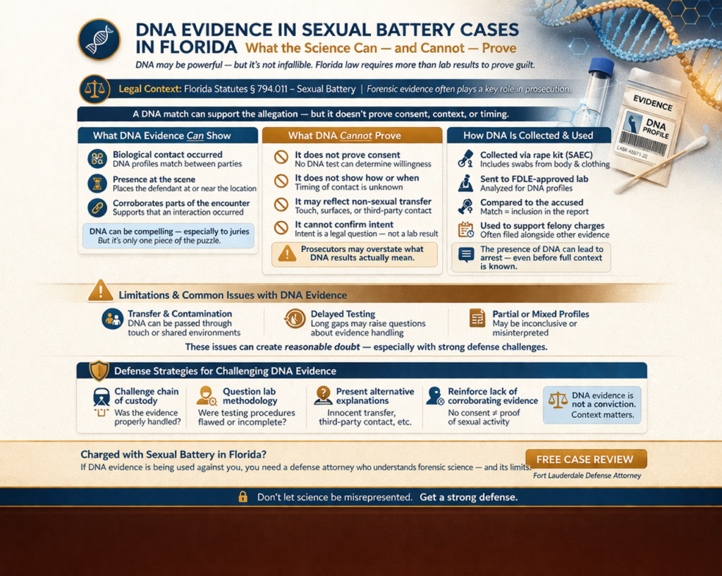 Horizontal infographic explaining DNA evidence in Florida sexual battery cases, including what DNA can and cannot prove, how it is collected and analyzed, common issues like contamination and mixed profiles, and defense strategies used to challenge forensic evidence.