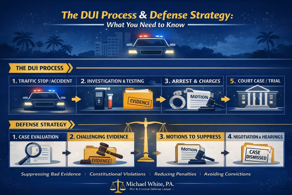 Infographic titled “The DUI Process & Defense Strategy: What You Need to Know,” showing a horizontal timeline of a Florida DUI case from traffic stop and testing through arrest, court, and resolution, alongside defense strategies such as case evaluation, challenging evidence, motions to suppress, and negotiation.