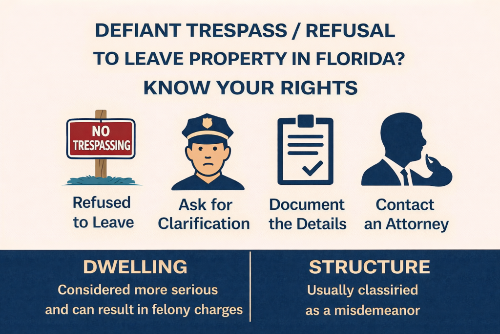 Infographic titled “Defiant Trespass / Refusal to Leave Property in Florida – Know Your Rights” showing a no trespassing sign and four guidance icons: refused to leave, ask for clarification, document the details, and contact an attorney.