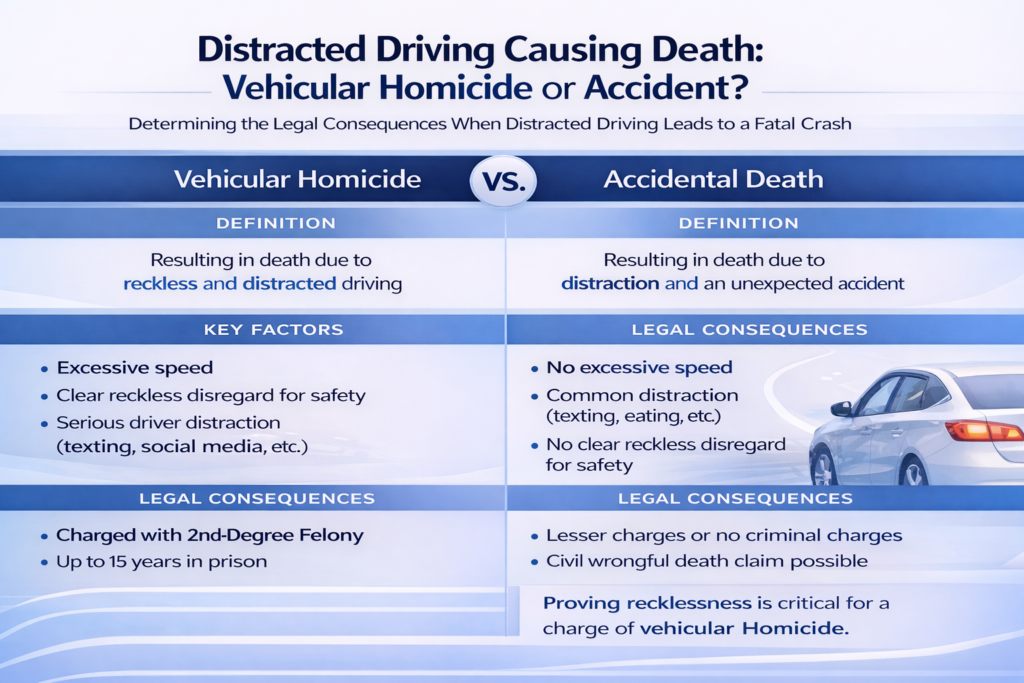 Infographic titled “Distracted Driving Causing Death: Vehicular Homicide or Accident?” comparing Florida vehicular homicide charges with accidental death outcomes, outlining definitions, key factors like reckless disregard and texting while driving, and potential legal consequences including second-degree felony penalties.