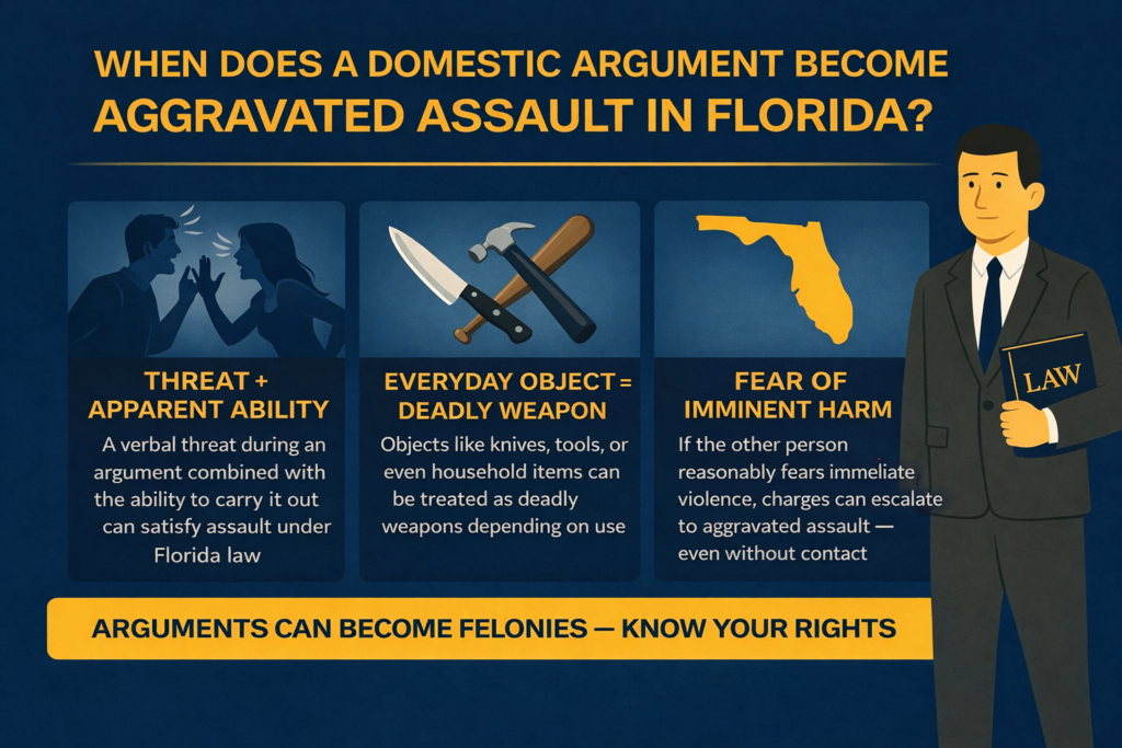 Infographic showing when a domestic argument can lead to aggravated assault charges in Florida, including threat with apparent ability, use of everyday objects as deadly weapons, and fear of imminent harm