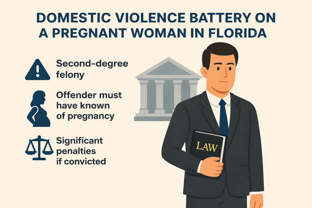 Infographic titled “Domestic Violence Battery on a Pregnant Woman in Florida” highlighting that the offense is a second-degree felony, requires knowledge of pregnancy, and carries significant penalties if convicted.