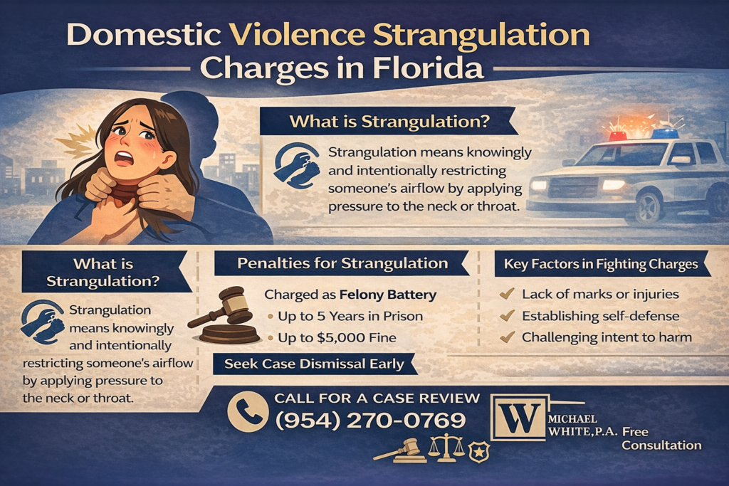 Infographic explaining domestic violence strangulation charges in Florida, including the legal definition, felony penalties, and common defense strategies.
