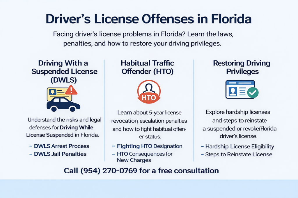 Infographic titled “Driver’s License Offenses in Florida” highlighting Driving With a Suspended License (DWLS), Habitual Traffic Offender (HTO) penalties, hardship license eligibility, and steps to reinstate a suspended or revoked Florida driver’s license, with Fort Lauderdale criminal defense contact information at the bottom.
