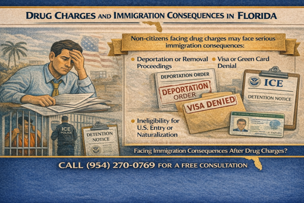 Vintage-style infographic titled “Drug Charges and Immigration Consequences in Florida” showing a distressed man reviewing legal papers alongside images of an ICE detention notice, deportation order, and visa denial documents. The graphic explains that non-citizens facing drug charges may encounter immigration consequences such as deportation or removal proceedings, denial of visas or green cards, and ineligibility for U.S. entry or naturalization.