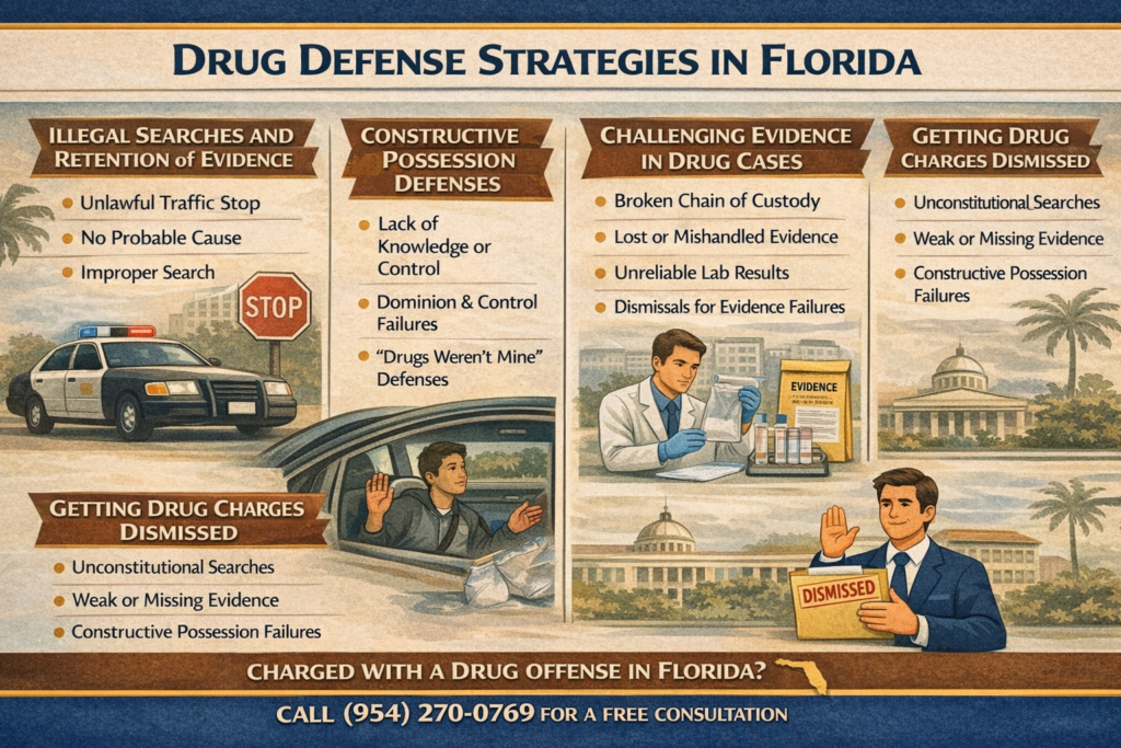 Infographic explaining common drug defense strategies in Florida, including illegal search defenses, constructive possession challenges, and evidence issues in drug cases.
