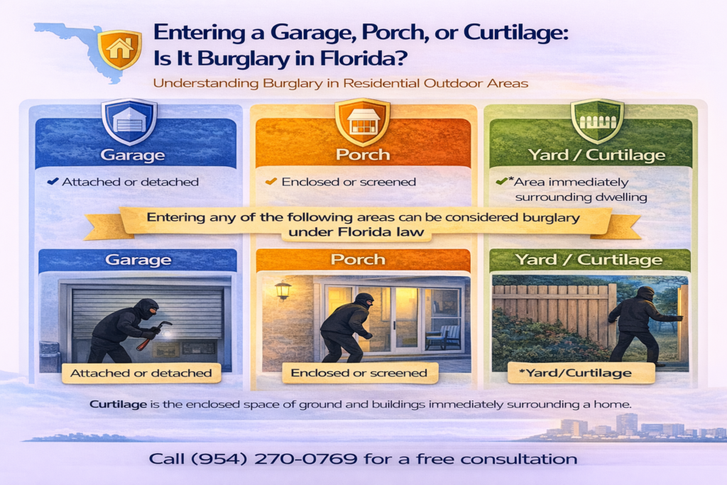 Infographic explaining whether entering a garage, porch, or curtilage can be considered burglary in Florida, including how these areas are classified under the law and how they may impact burglary charges and potential penalties.