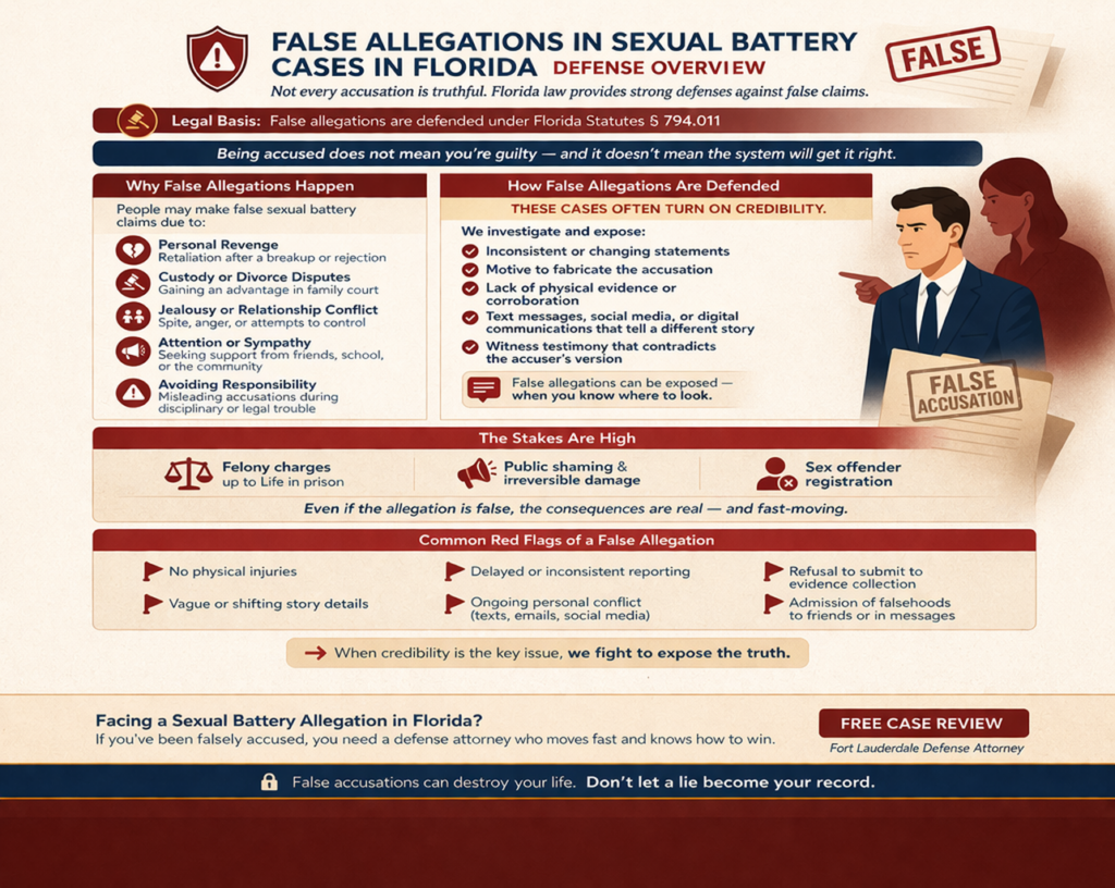 Horizontal infographic explaining false allegations in Florida sexual battery cases, including common motives for false claims, defense strategies focused on credibility and evidence, key red flags such as inconsistent statements and lack of physical evidence, and the serious consequences of being accused.