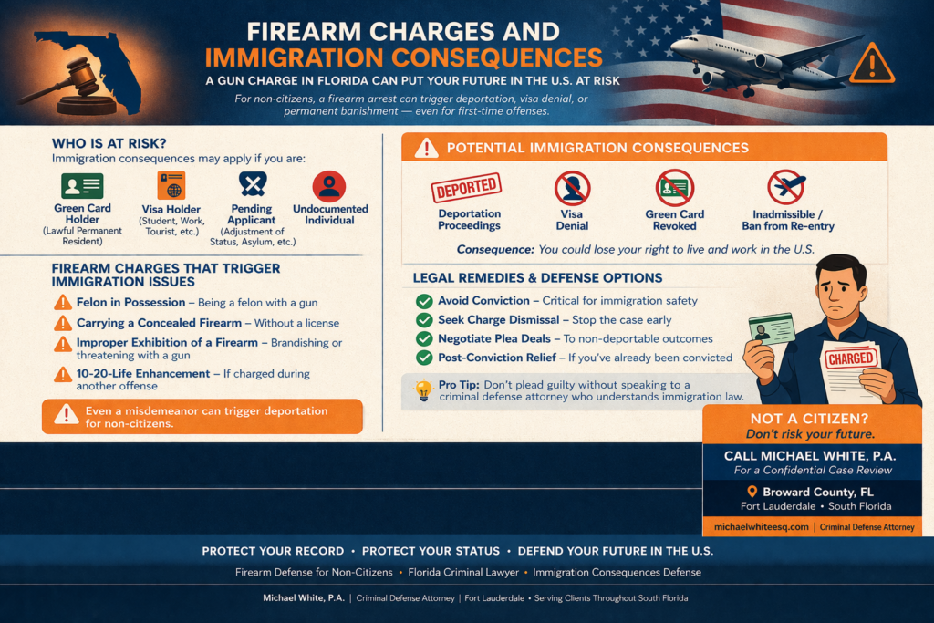 Horizontal infographic on firearm charges and immigration consequences in Florida showing deportation risk, visa denial, green card revocation, and legal defense options for non-citizens.