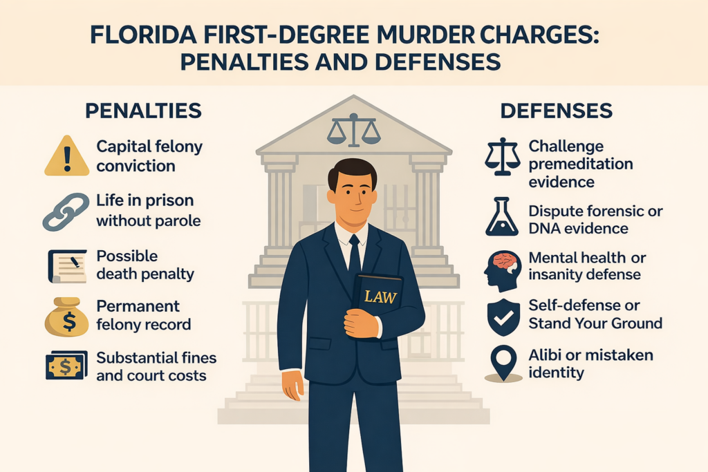 Infographic explaining Florida first-degree murder charges, penalties including life imprisonment or death penalty, and common legal defenses.