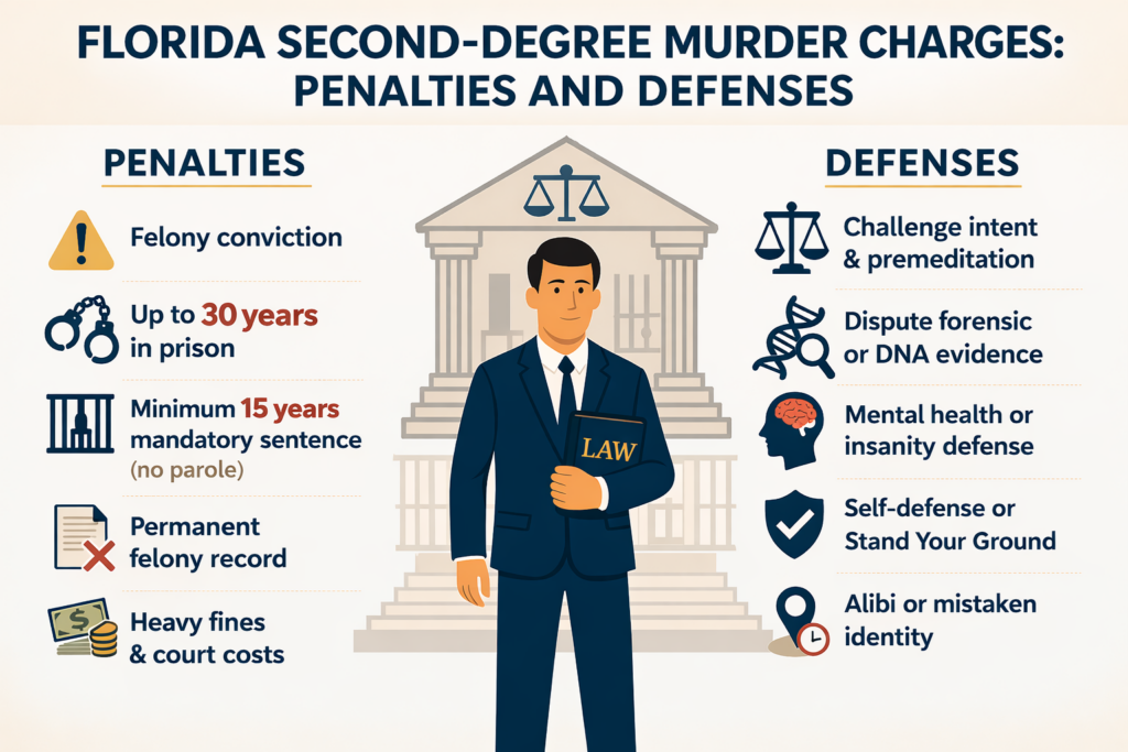 Infographic explaining second-degree murder charges in Florida, outlining penalties such as life in prison and permanent felony record, along with possible defenses including challenging intent, disputing evidence, self-defense, and mistaken identity.
