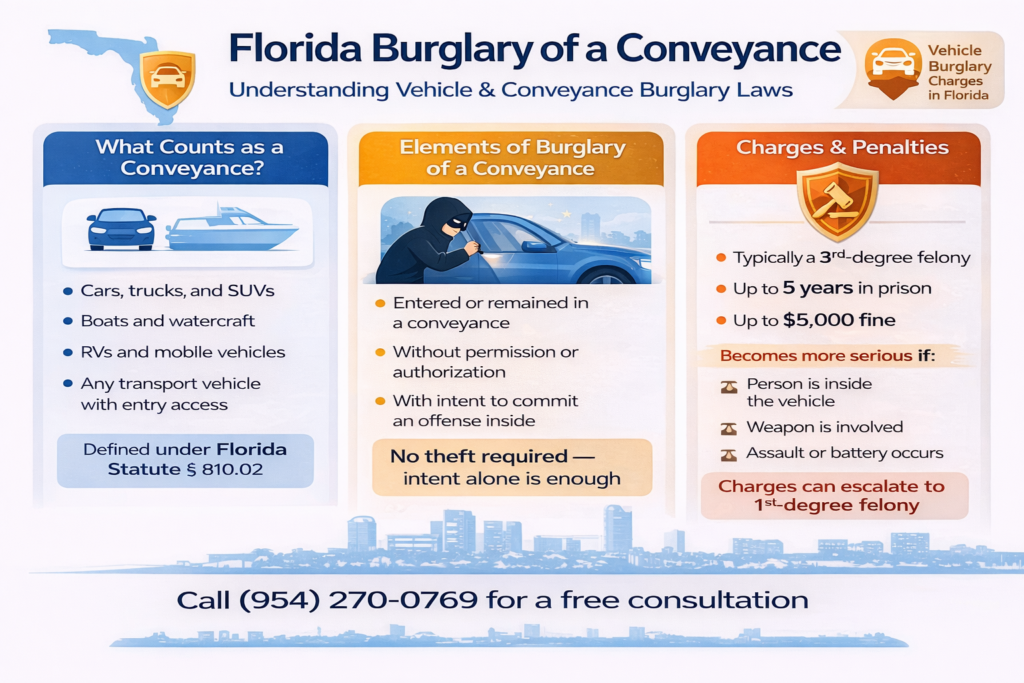 Infographic explaining burglary of a conveyance in Florida, including what qualifies as a conveyance such as cars and boats, the legal elements prosecutors must prove, and potential third-degree felony penalties with enhancements that can elevate charges.