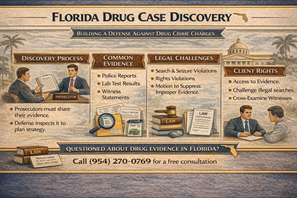 Infographic explaining the discovery process in Florida drug cases, including police reports, lab results, and how defense attorneys challenge evidence.