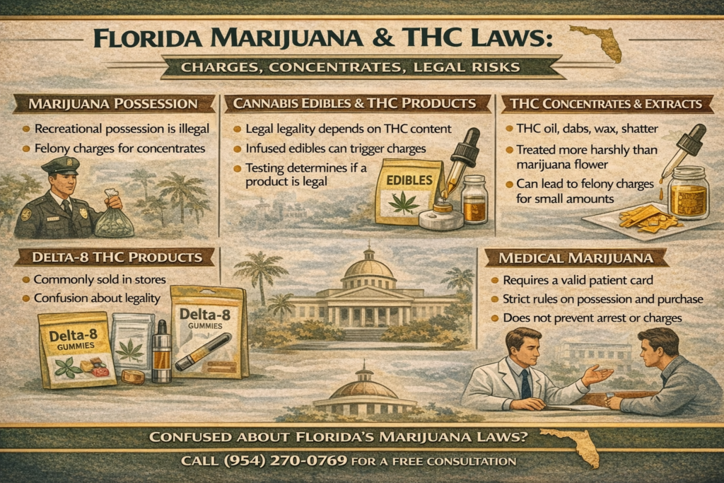 Infographic explaining Florida marijuana and THC laws, including concentrates, Delta-8 products, edibles, and medical marijuana rules.