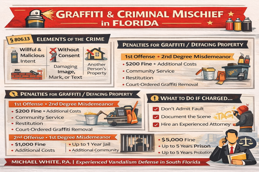 Infographic explaining graffiti and criminal mischief laws in Florida, showing that defacing property without consent is a crime, outlining misdemeanor penalties for first and second offenses, including fines, community service, restitution, and possible jail time, along with guidance on what to do if charged.