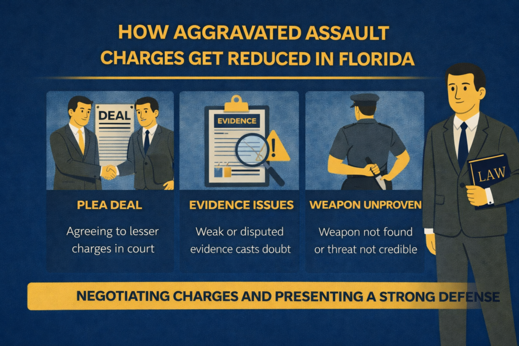 Infographic about reducing aggravated assault charges in Florida, including negotiation, weak evidence, and challenges to deadly weapon claims