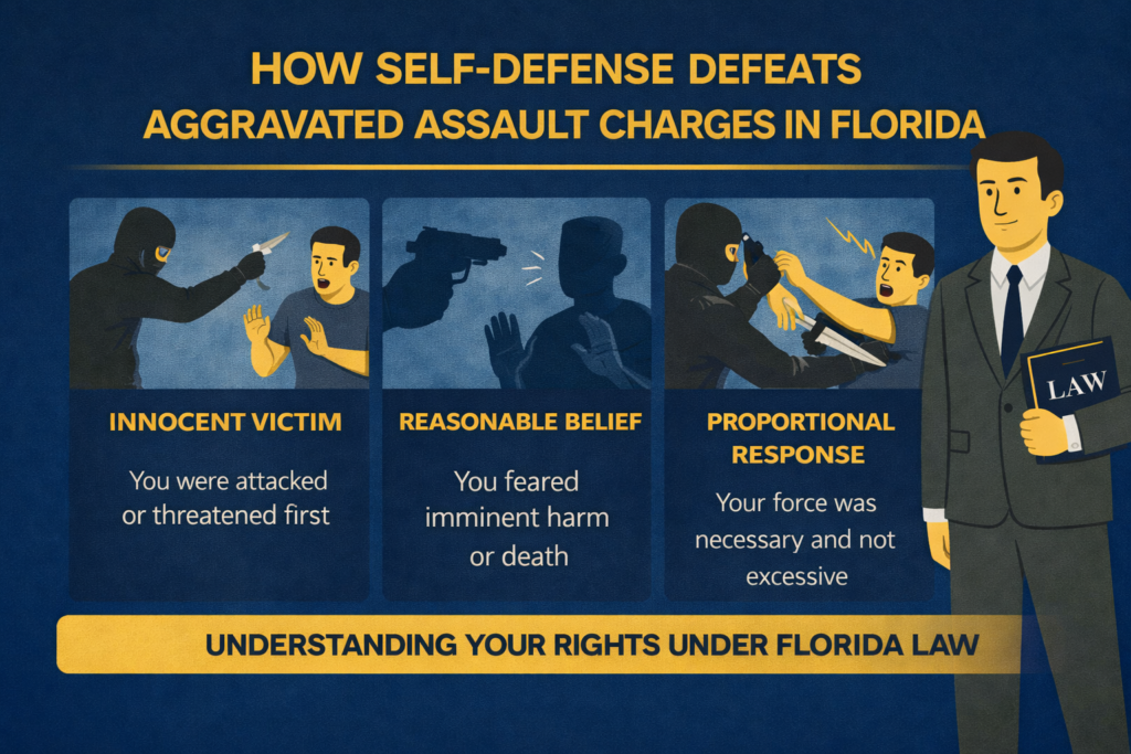 Infographic about self-defense in Florida aggravated assault cases, explaining reasonable fear, proportional force, and when charges can be dismissed