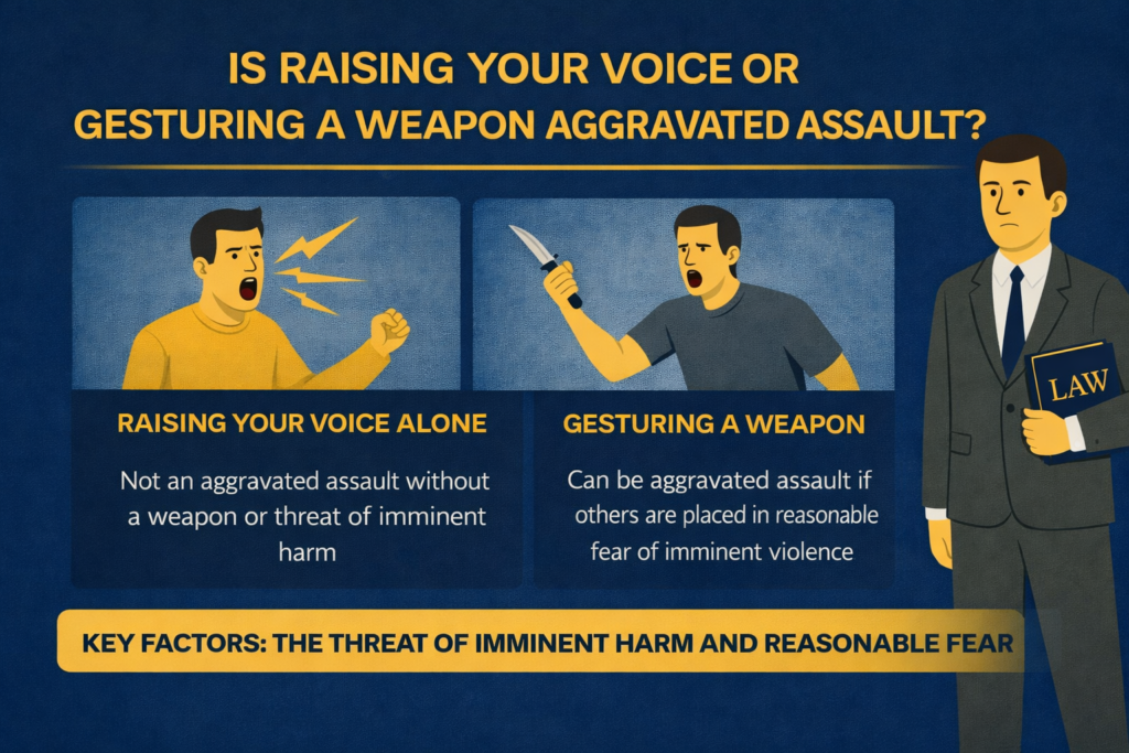 Infographic about aggravated assault in Florida involving verbal threats and weapon gestures, explaining when conduct creates fear of imminent violence
