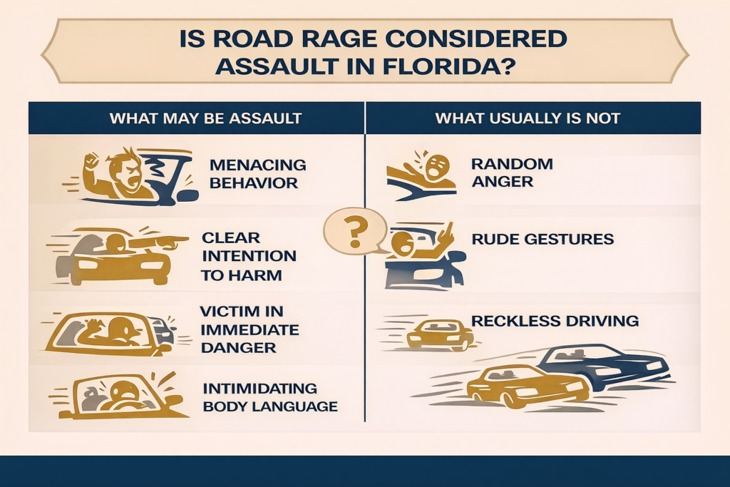 Infographic titled “Is Road Rage Considered Assault in Florida?” comparing behaviors that may qualify as assault, such as menacing driving, clear intent to harm, and placing a victim in immediate danger, with conduct that usually does not, including rude gestures, general anger, and reckless driving without a direct threat.