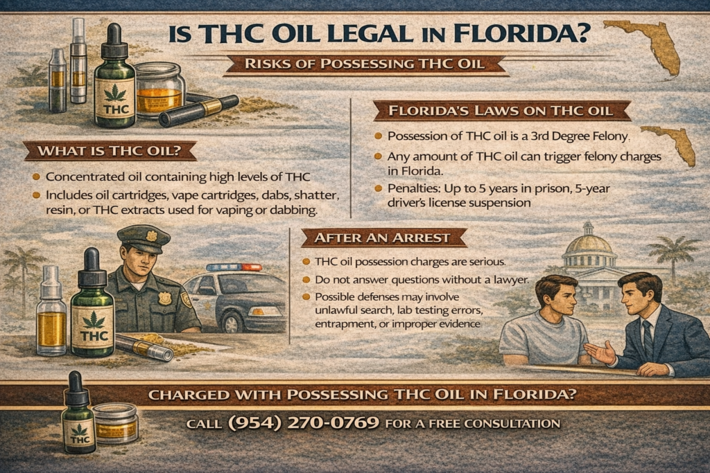 Infographic explaining whether THC oil is legal in Florida and the potential felony charges for possession under Florida drug laws.