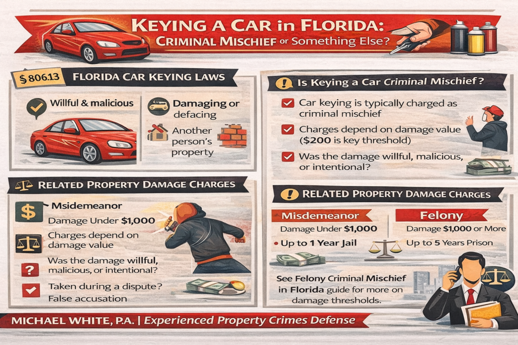 Infographic explaining whether keying a car is criminal mischief in Florida, showing that intentional vehicle damage is typically charged based on damage value, with misdemeanor penalties for lower damage amounts and felony charges for higher damage, along with key factors like intent and common defenses.