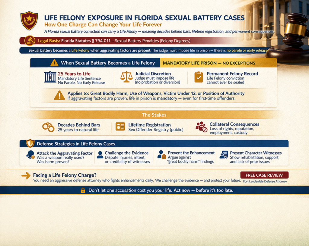 Horizontal infographic explaining life felony exposure in Florida sexual battery cases, including when charges qualify as a life felony, mandatory life prison sentencing, long-term consequences like lifetime registration and permanent record, and defense strategies to challenge aggravating factors and evidence.