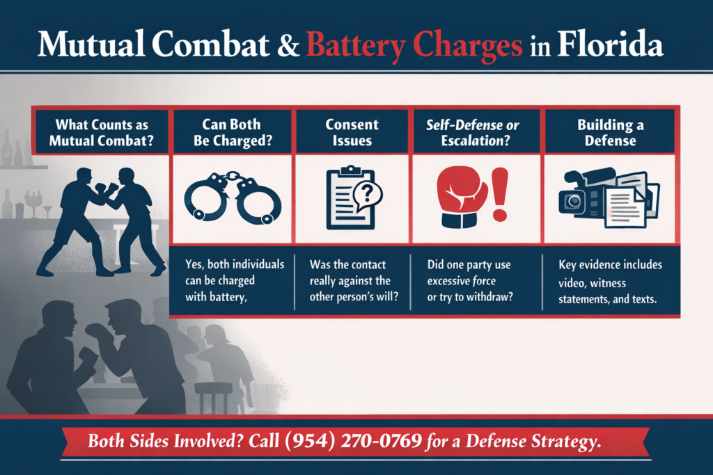 Horizontal infographic titled “Mutual Combat & Battery Charges in Florida” showing two people fighting and explaining key issues including what qualifies as mutual combat, whether both parties can be charged, consent considerations, self-defense versus escalation, and evidence used to build a defense.