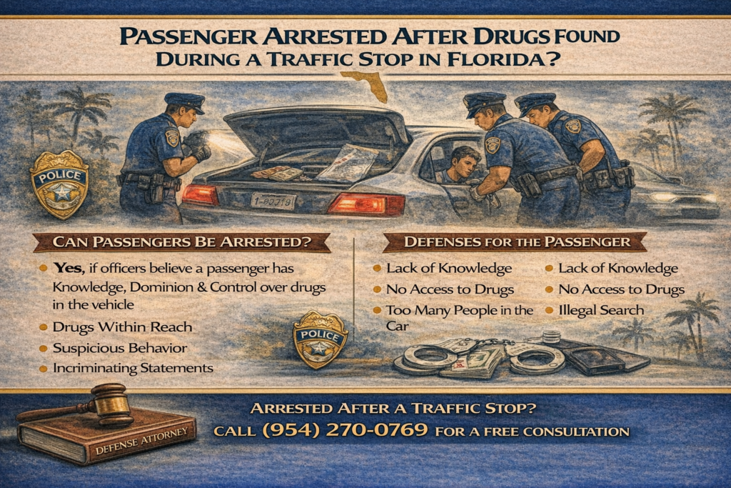 Infographic titled “Passenger Arrested After Drugs Found During a Traffic Stop in Florida?” explaining legal issues that arise when drugs are discovered in a vehicle with multiple occupants. The graphic highlights concepts such as constructive possession, lack of knowledge, proximity to drugs, and how prosecutors must prove control or awareness of the drugs to secure a conviction.