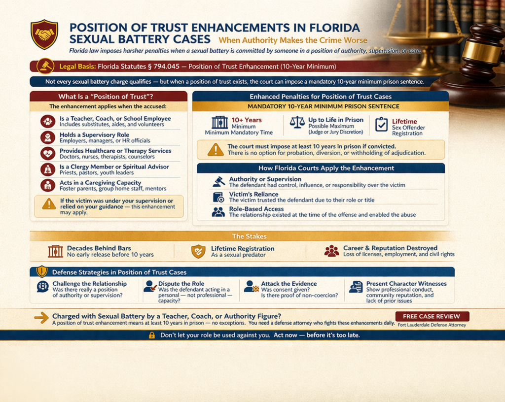 Horizontal infographic explaining position of trust enhancements in Florida sexual battery cases, including who qualifies as a person in a position of authority, how the enhancement increases penalties with mandatory minimum prison time, and defense strategies to challenge the relationship, role, and evidence.