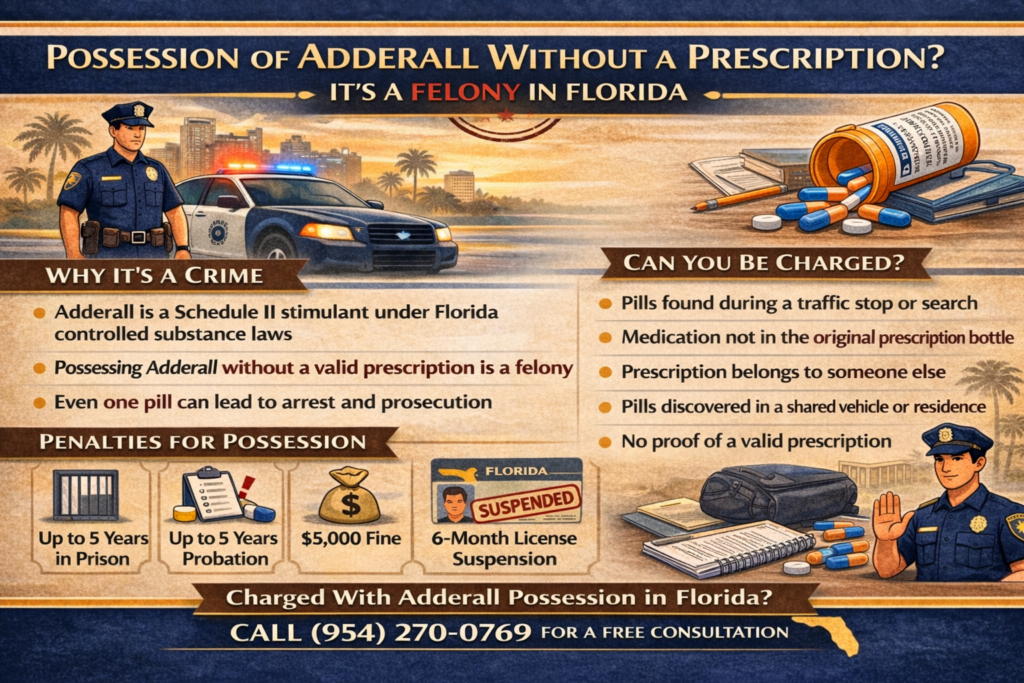 Infographic explaining Florida felony penalties for possession of Adderall without a prescription, including why Adderall is a Schedule II controlled substance, how charges occur during traffic stops or searches, and potential penalties such as up to five years in prison, probation, fines, and driver’s license suspension.