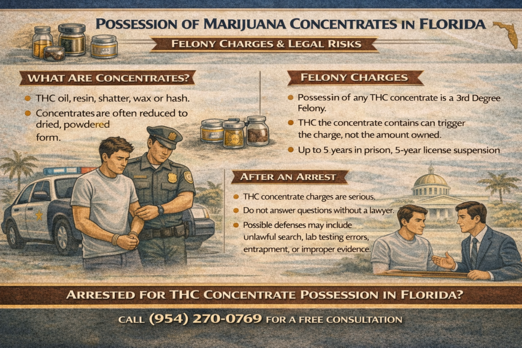 Infographic explaining Florida laws on possession of marijuana concentrates such as THC oil, wax, and shatter and the potential felony penalties.