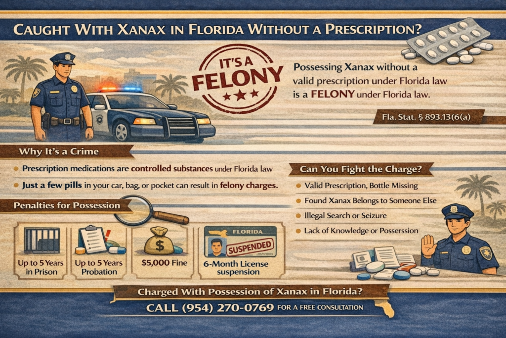 Infographic explaining that possession of Xanax without a prescription in Florida is a felony, outlining penalties, common arrest scenarios, and possible legal defenses under Florida drug possession laws.